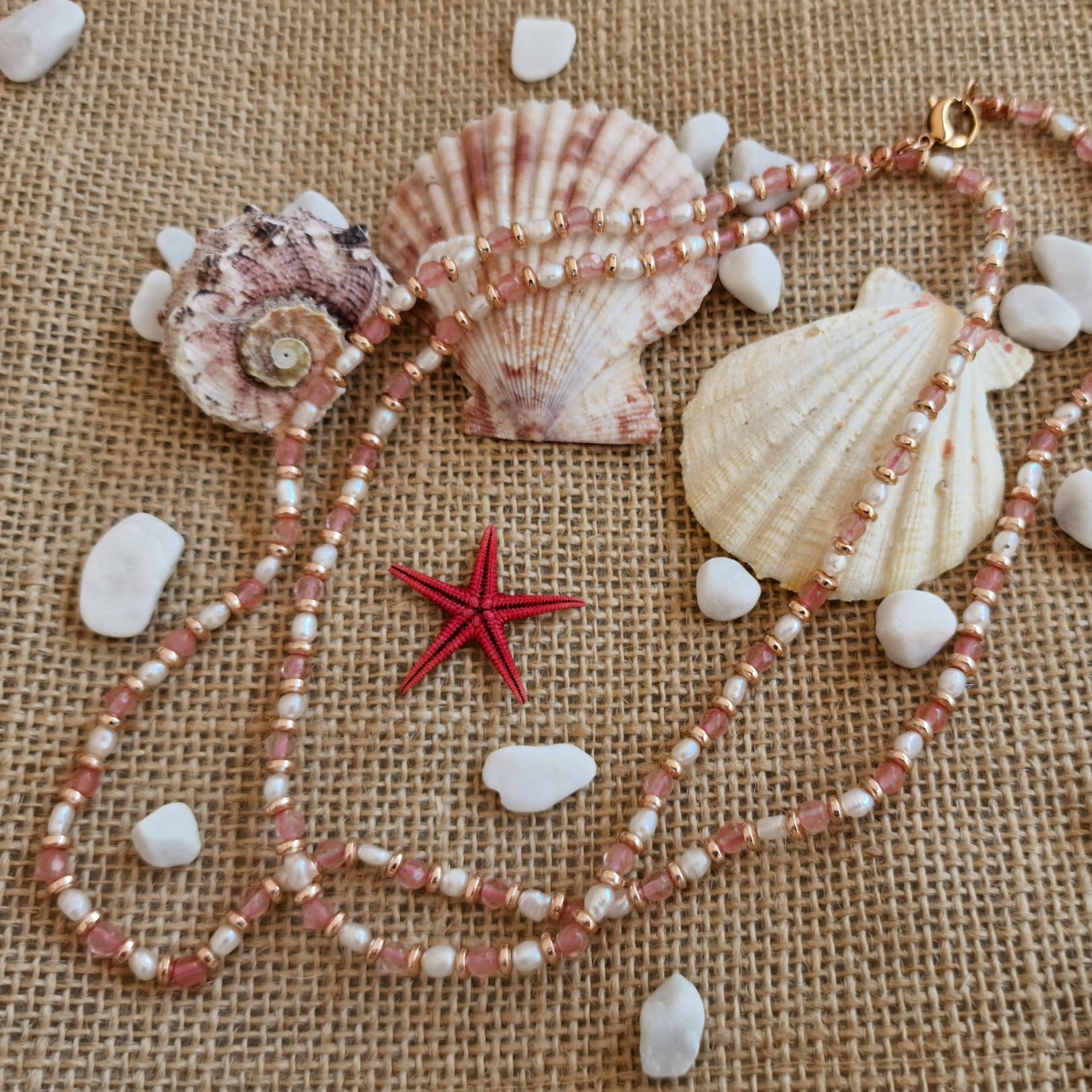 Collana Perle a chicco di riso, Quarzo ciliegia e ematite rosa — foto 4