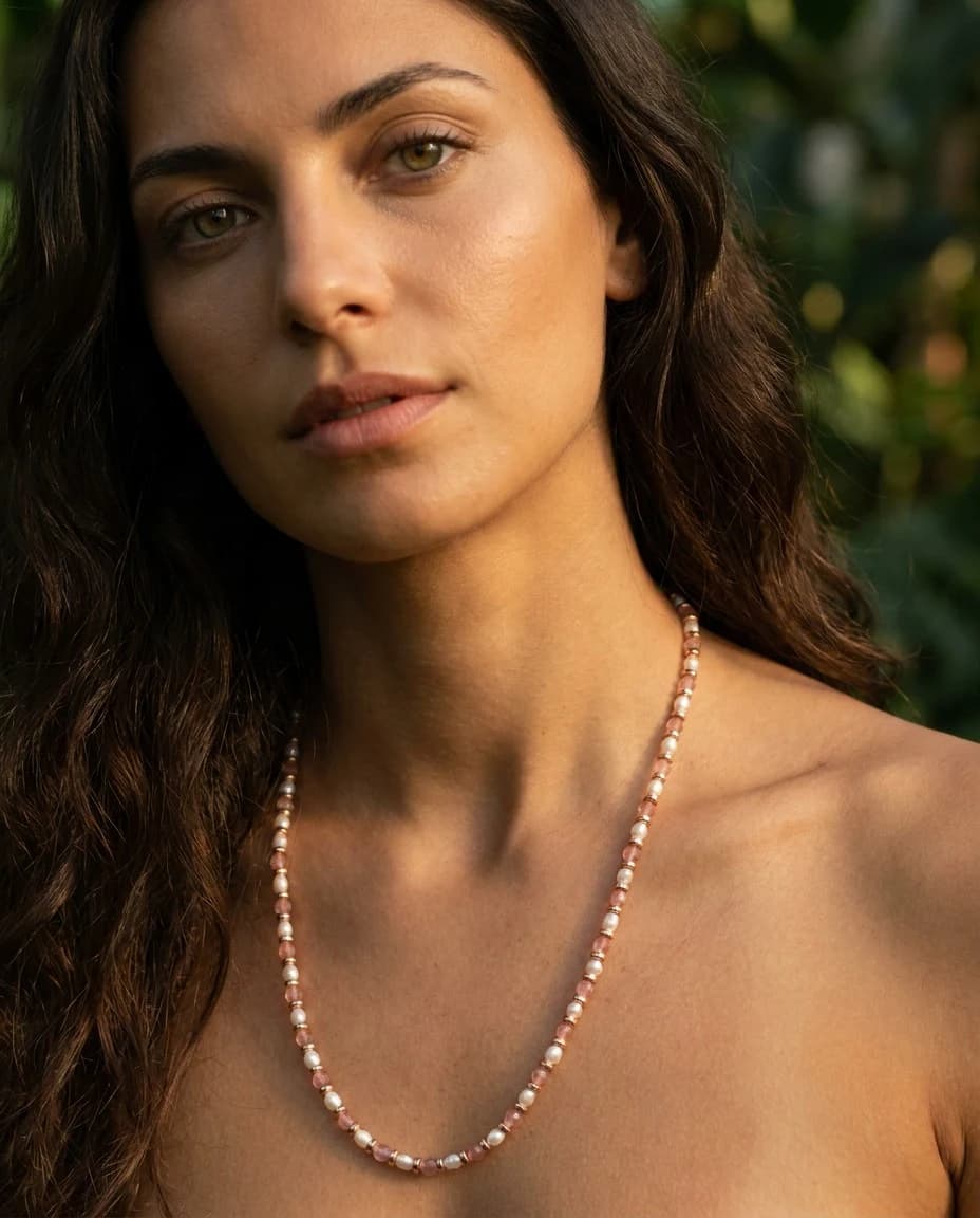 Collana Perle a chicco di riso, Quarzo ciliegia e ematite rosa — foto 1