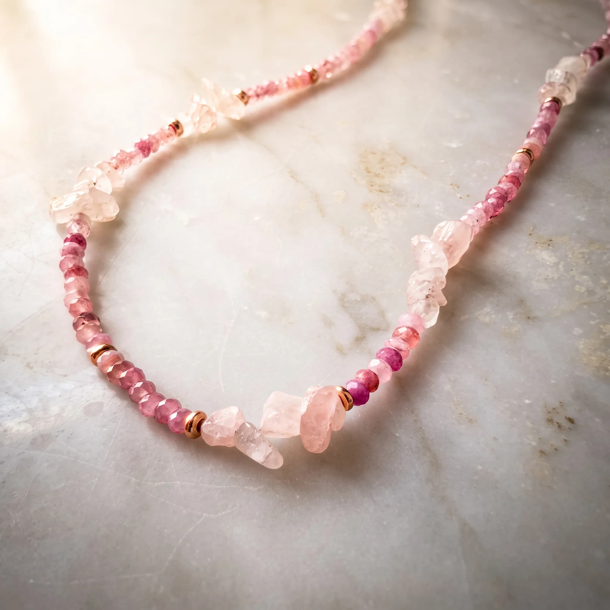 Collana quarzo rosa a chips, giada lavanda e ematite rosa — foto 2