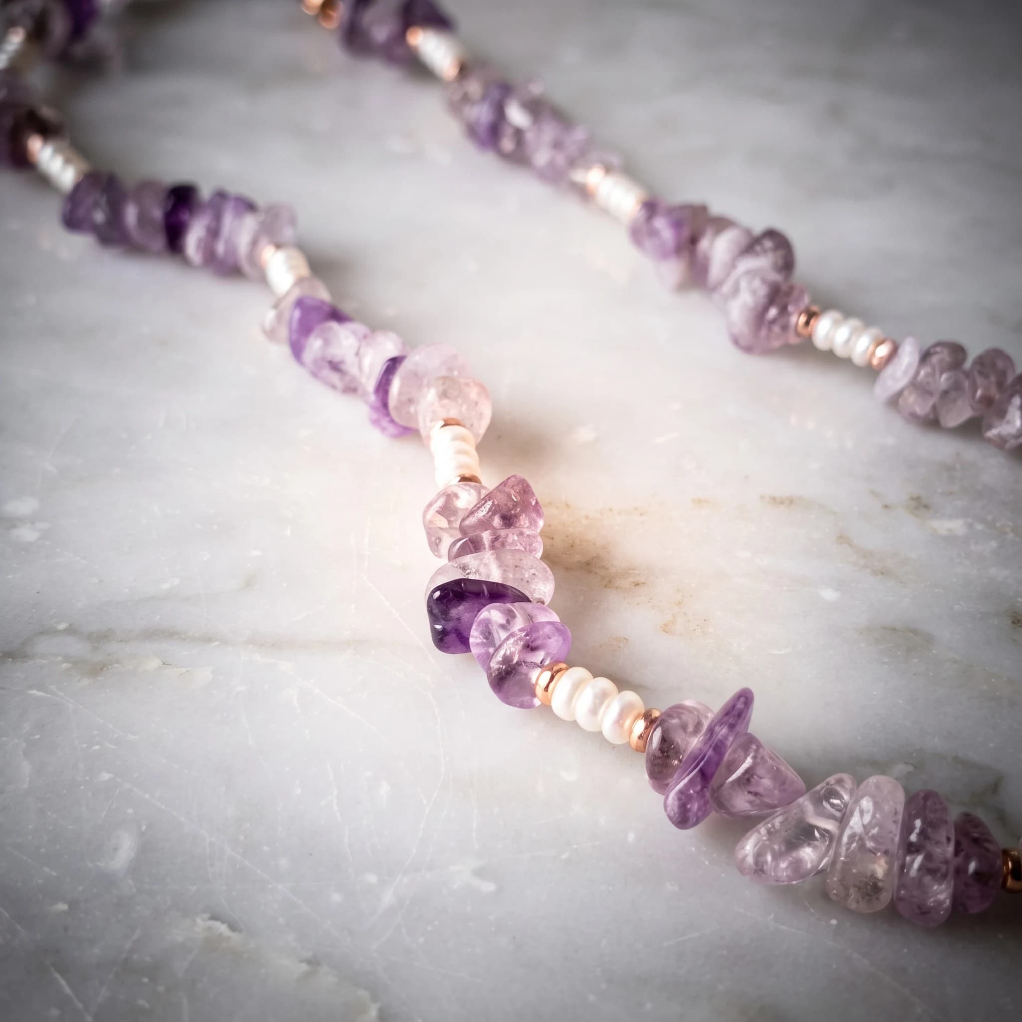 Collana ametista a chips, perle d'acqua dolce e ematite rosa — foto 3