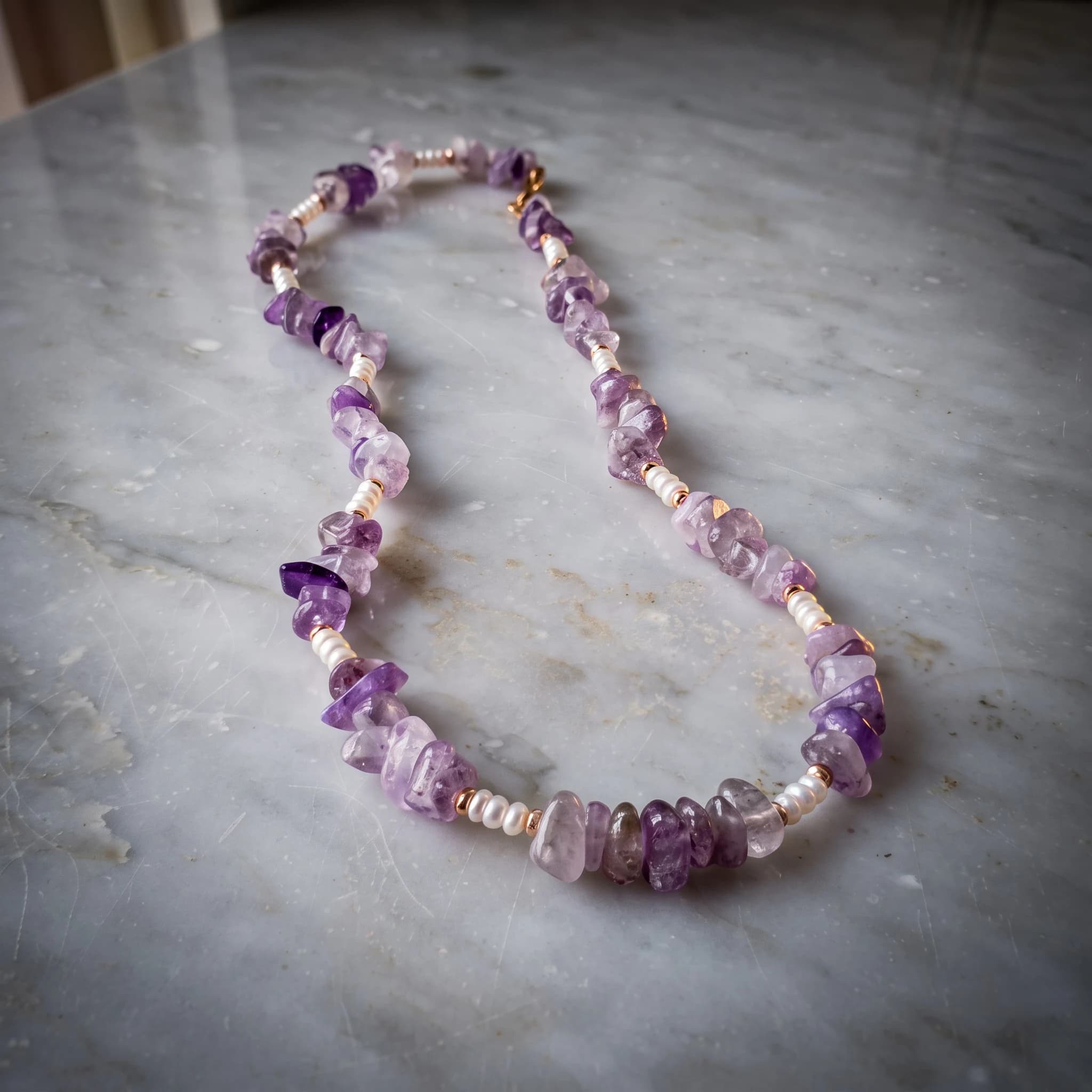 Collana ametista a chips, perle d'acqua dolce e ematite rosa — foto 5