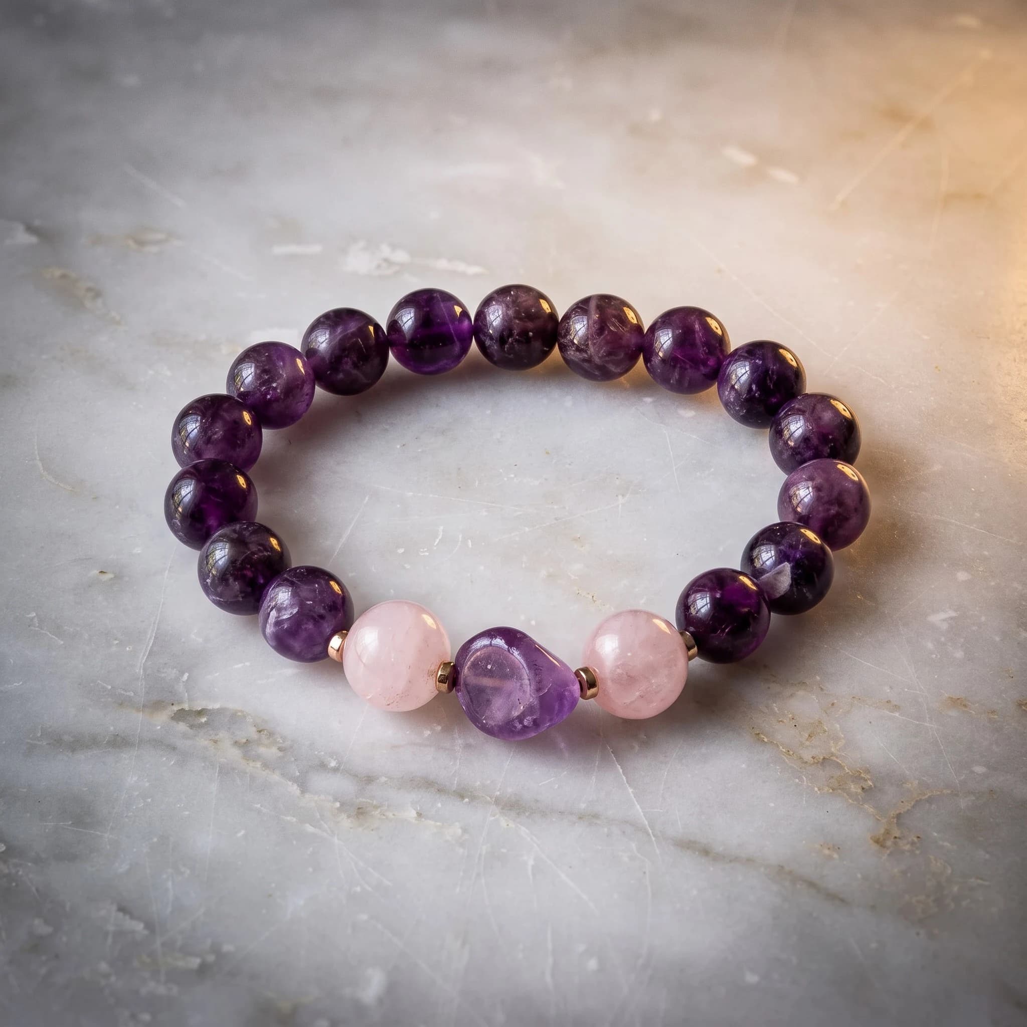 Bracciale elastico ametista, quarzo rosa e ematite rosé — foto 3
