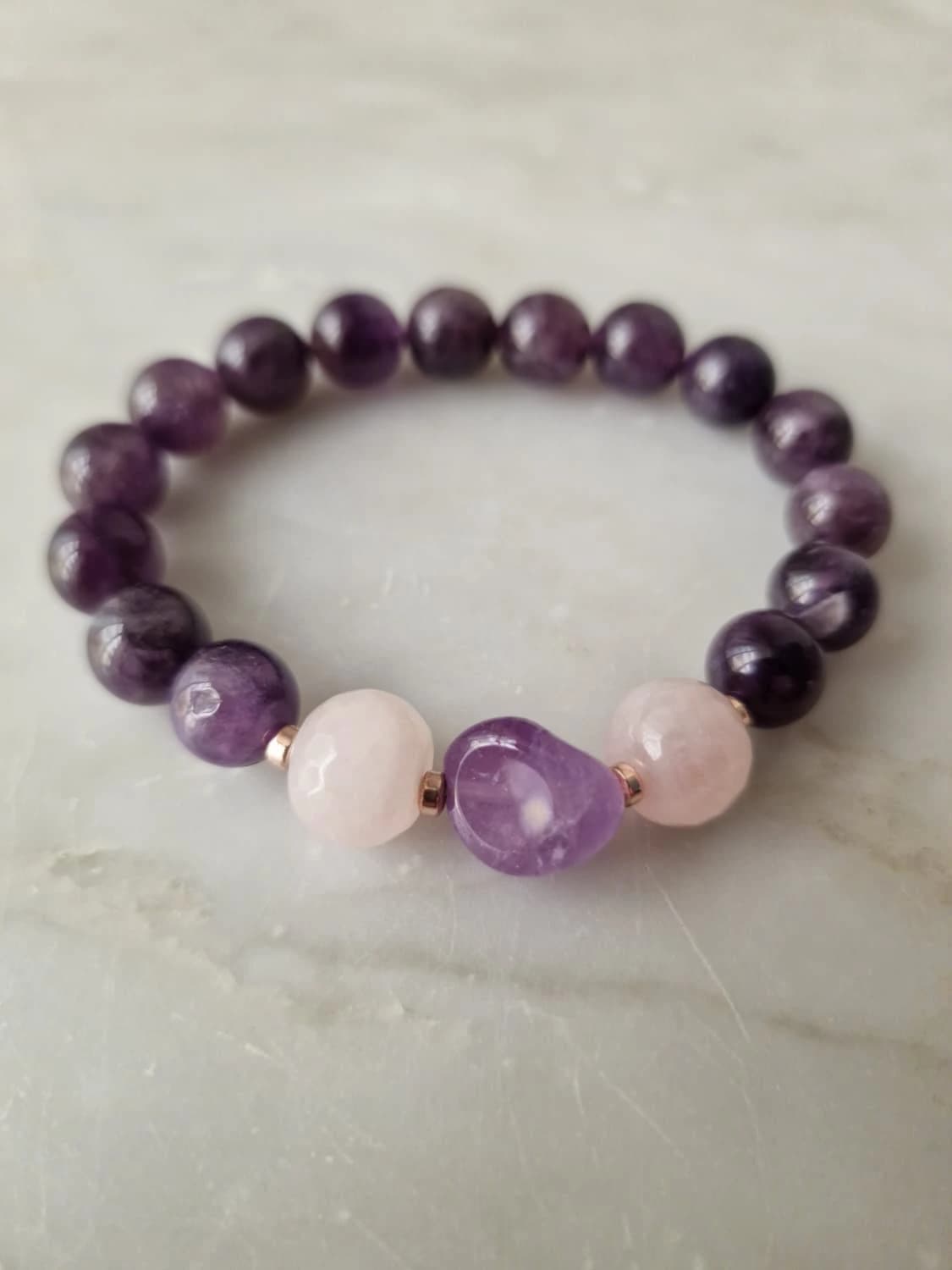 Bracciale elastico ametista, quarzo rosa e ematite rosé — foto 2