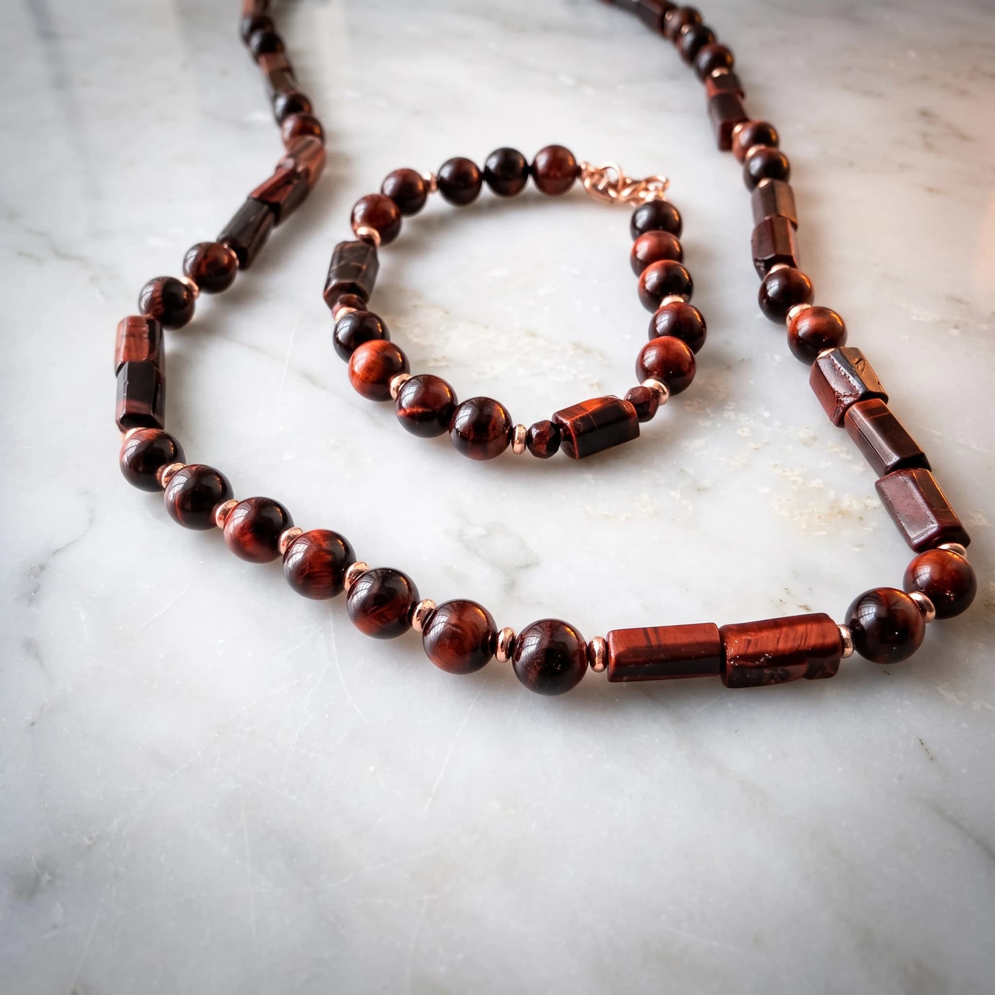 Collana occhio di tigre rosso e ematite rosé — foto 4